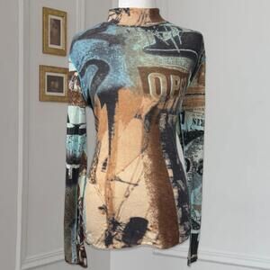 Y2K Subversive Blue and Brown Collage Butterfly Graphic Turtleneck Top